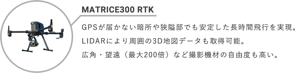 MATRICE300 RTK GPSが届かない暗所や狭隘部でも安定した長時間飛行を実現。LIDARにより周囲の3D地図データも取得可能。広角・望遠（最大200倍）など撮影機材の自由度も高い。